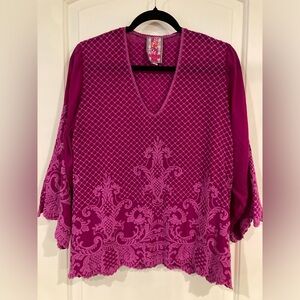 Johnny Was Embroidered Rayon Blouse Magenta Purple Top Kimono Sleeve Size Small